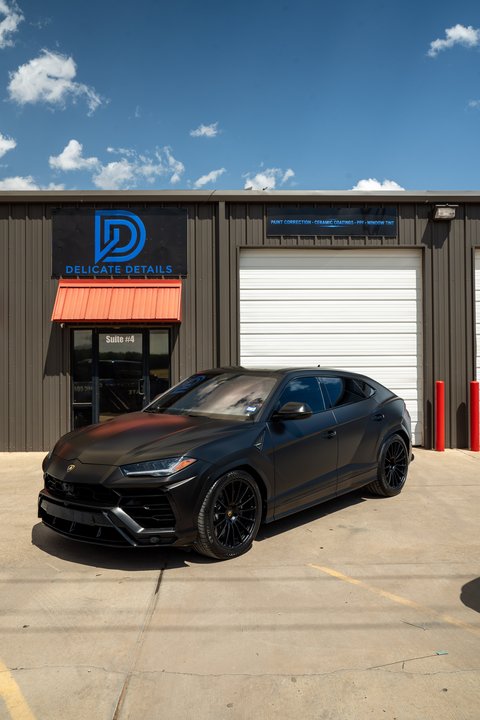 Lamborghini Urus outside our Lubbock TX shop after detailing
